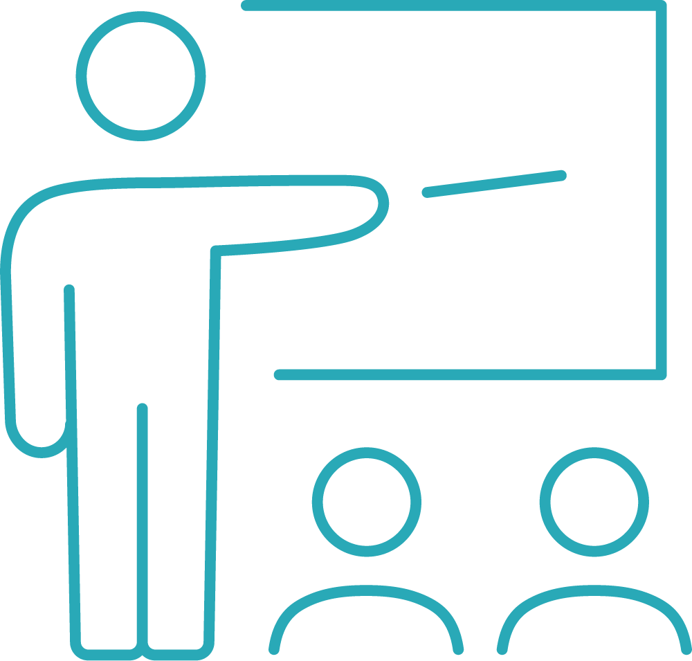 A line drawing of a man giving a presentation to a group of people.