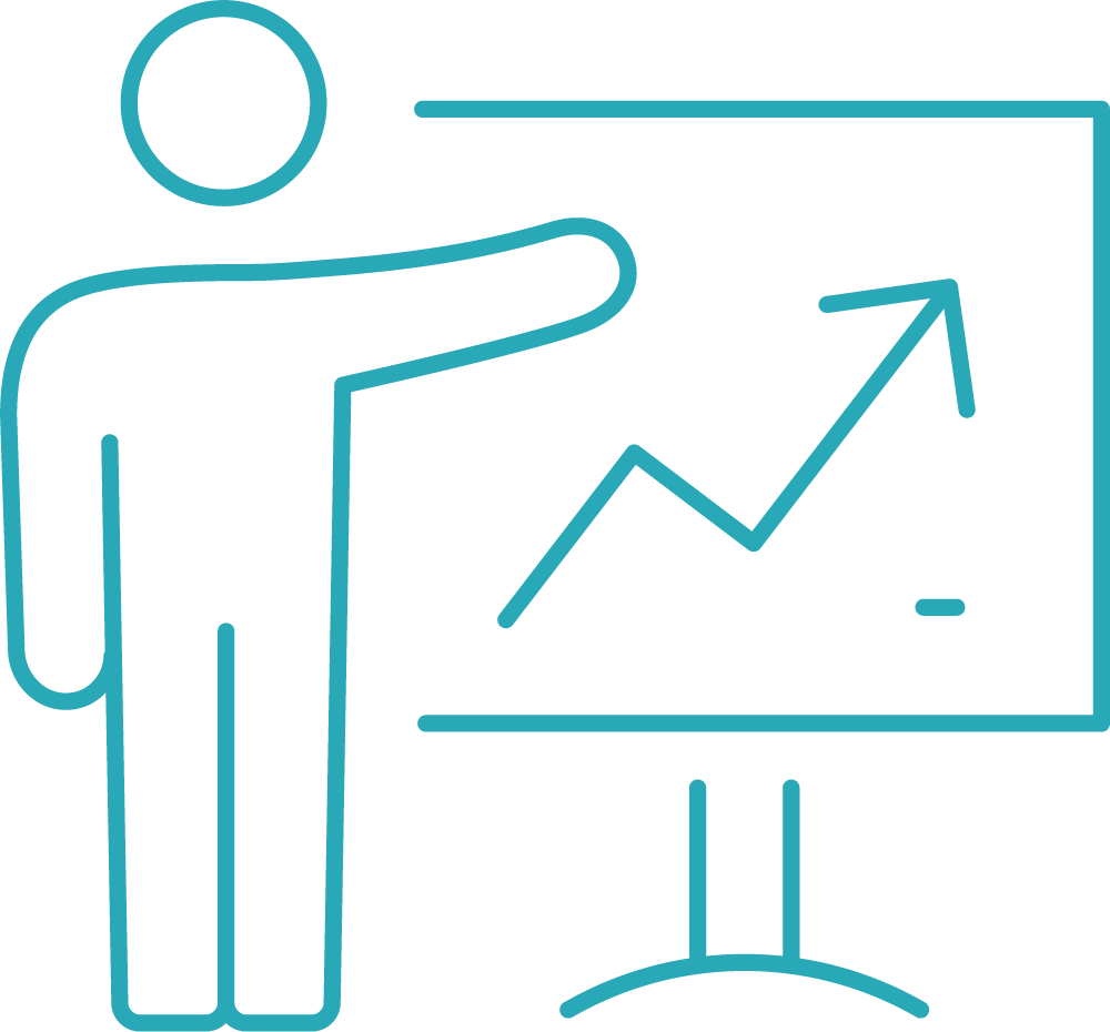 A man is pointing at a graph on a whiteboard.