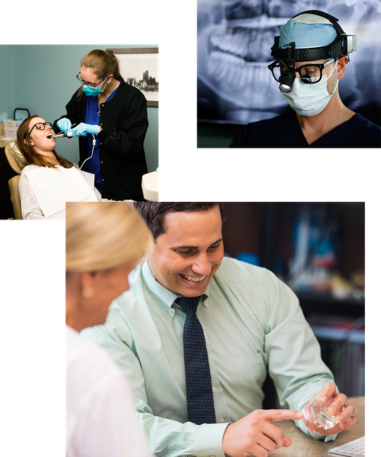 A woman is getting her teeth examined by a dentist.