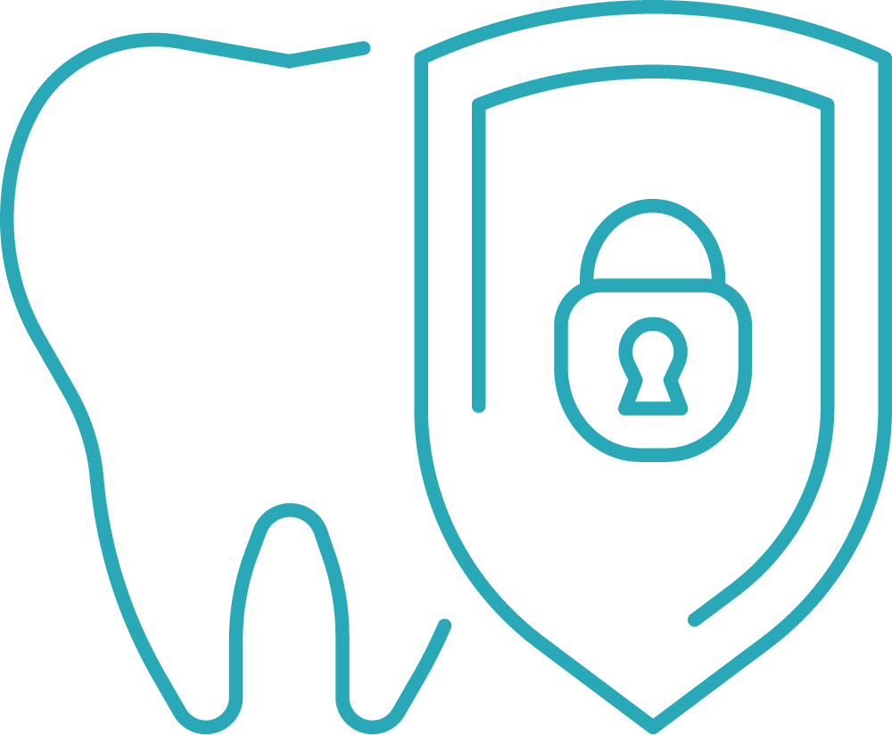 A line drawing of a tooth with a padlock on a shield.