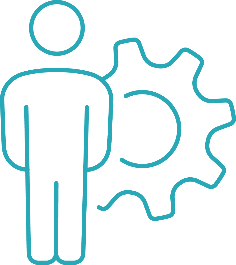 A line drawing of a man standing next to a gear.