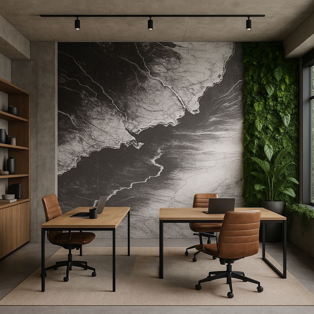 Modern office with two desks, chairs, bookshelf, and a wall mural and plant wall.