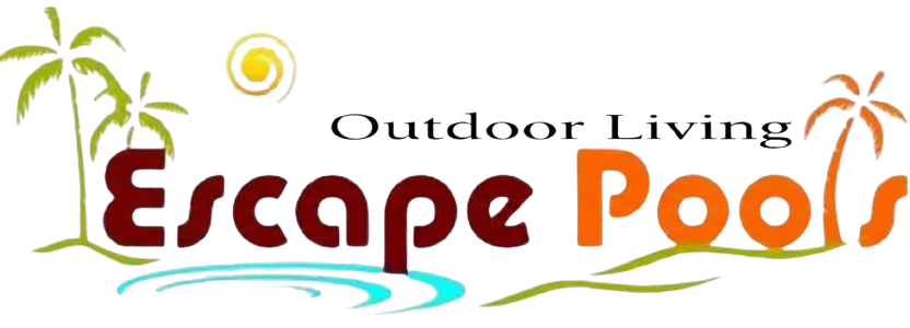 Outdoor Living Escape Pools logo with palm trees and a yellow sun