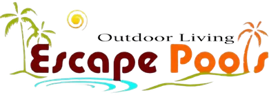 Outdoor Living Escape Pools logo with palm trees and a yellow sun