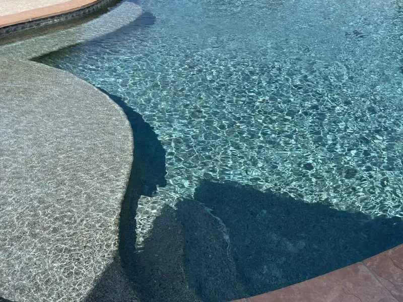 Curved swimming pool with clear blue water and textured concrete edges
