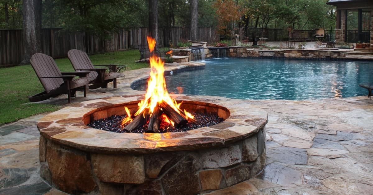 Stone fire pit beside a backyard pool with lounge chairs and tall trees in the background