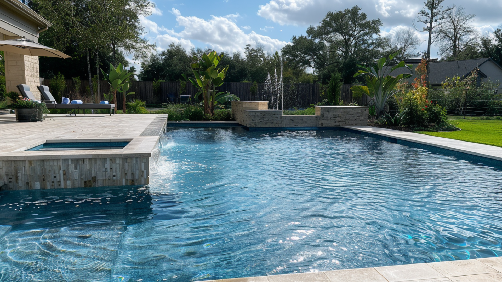 Backyard pool with blue water, stone deck, and lush landscaping under a sunny sky