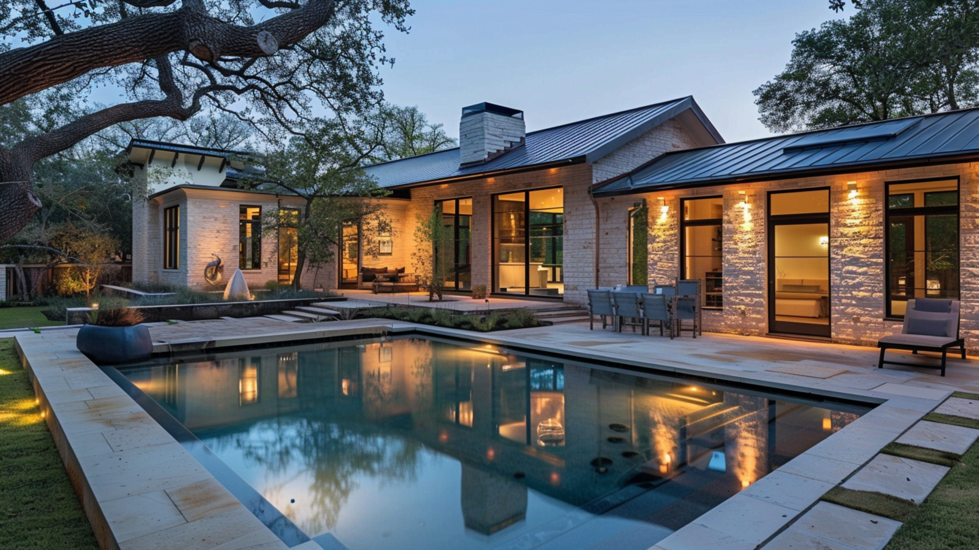 Modern stone house with a lit patio and a swimming pool at dusk