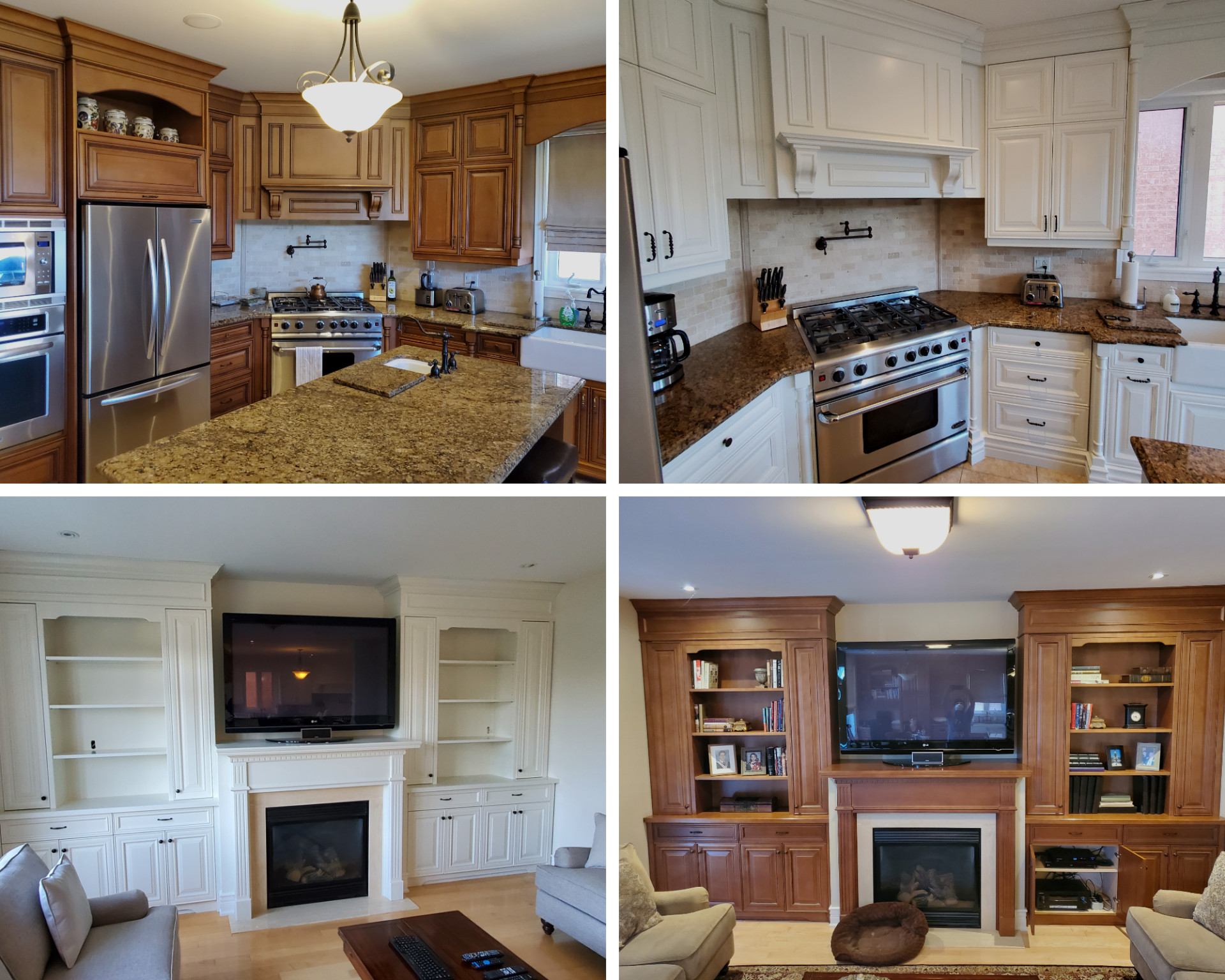 A collage of four pictures of a kitchen and living room
