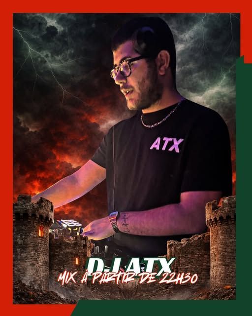 Visuel de DJ ATX aux platines devant le château de Sedan, avec un début de set annoncé à 22 h 30.