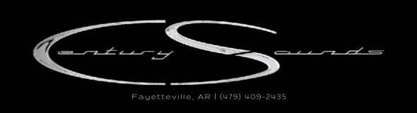 Stylized white “Century Sounds” logo on a black background with small text beneath it