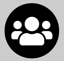 Three white user silhouettes on a black circle icon