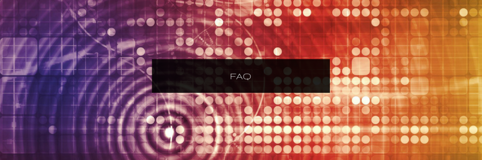 Abstract purple-to-orange tech background with dotted globe pattern and a dark center banner reading “FAQ”