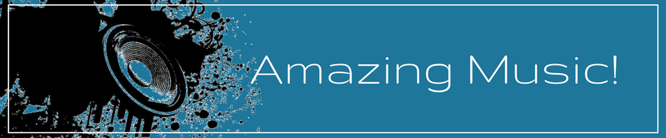 Blue music-themed banner with headphones and the text “Amazing Music!”