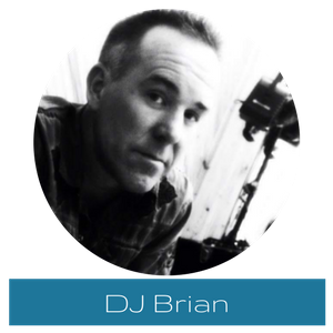 Black-and-white portrait of DJ Brian with a camera on a blue name banner