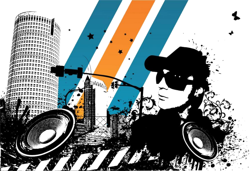 Stylized black-and-white DJ collage with speakers, city buildings, and diagonal orange and blue stripes