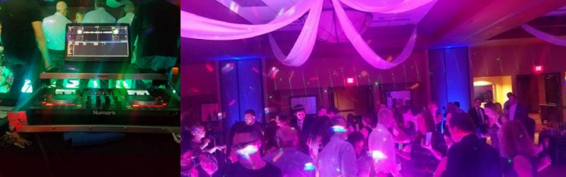 Crowded nightclub with purple and green lights, dancers, and a DJ booth on stage