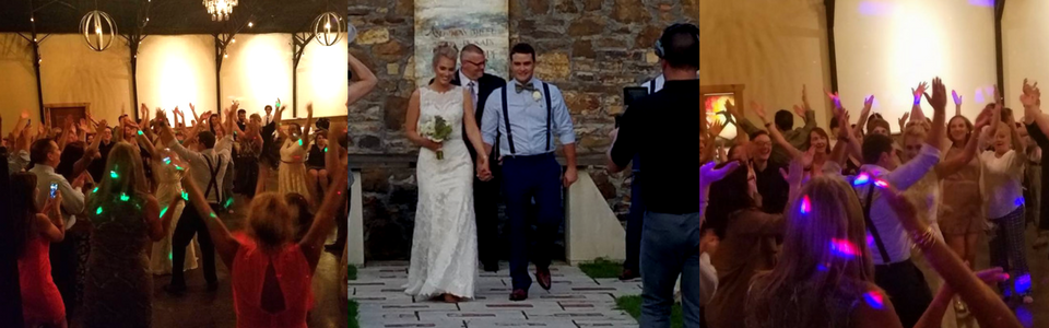 Wedding collage: dancing guests with glow sticks and a bride and groom at the altar