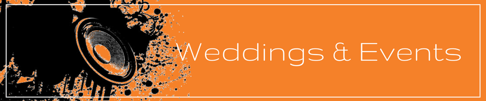 Black and orange banner with camera icon and text “Weddings & Events”