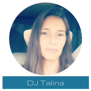 Circular profile photo of a woman with long hair, labeled “DJ Talina” in a blue banner below.