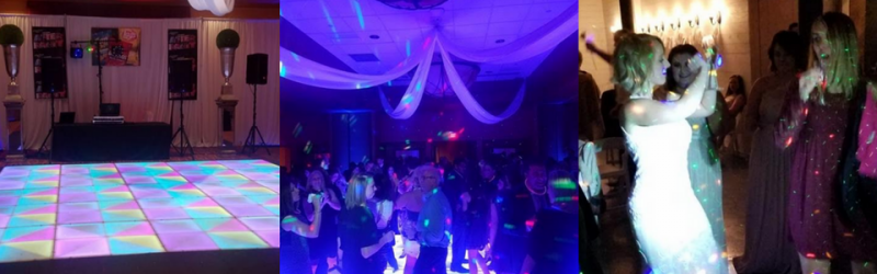 Event hall with a lit dance floor, purple ceiling drapes, and guests gathered around a glowing table centerpiece