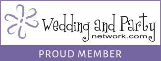 Wedding and Party network.com logo with purple flower icon and “Proud Member” banner