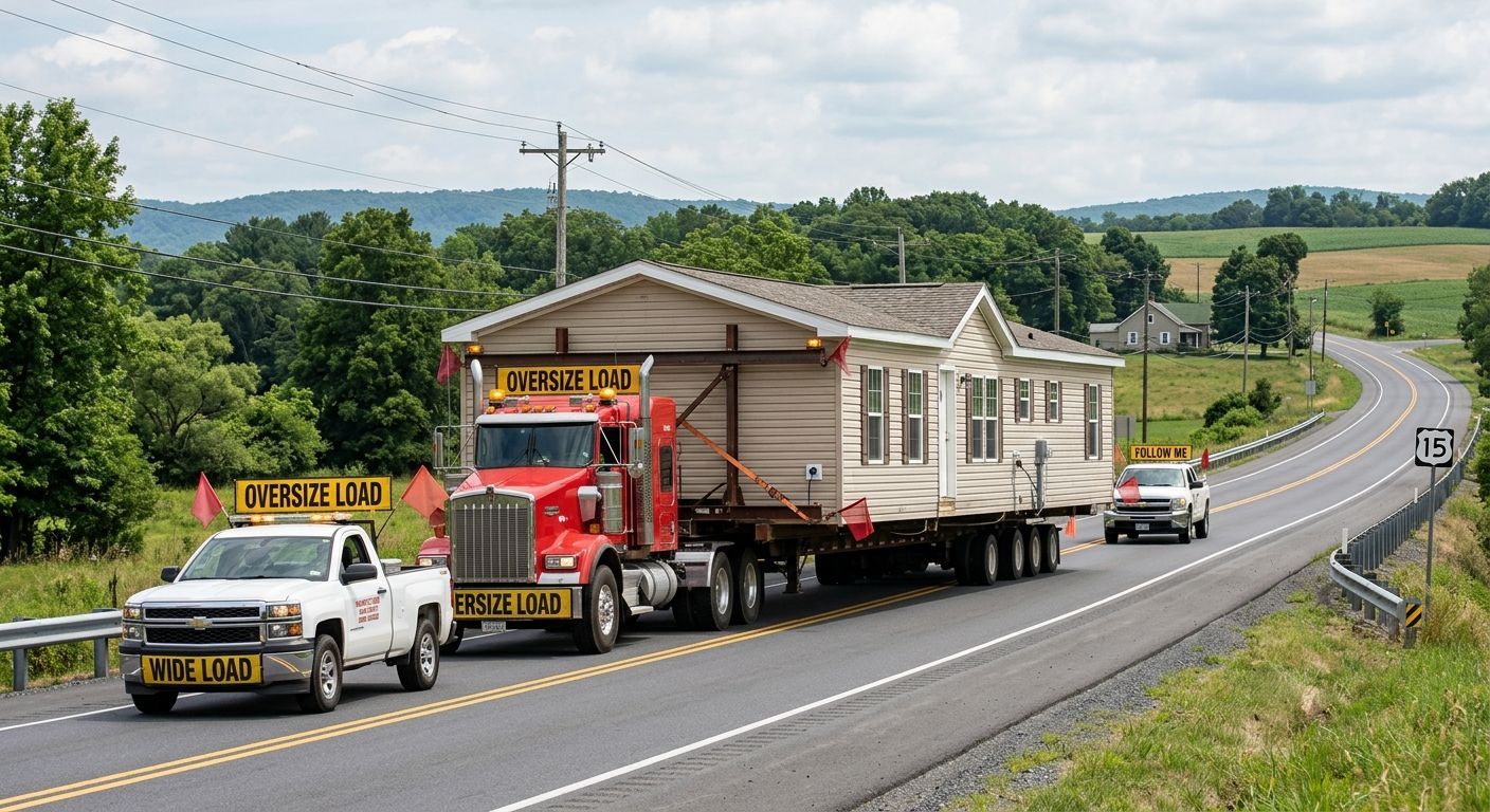 House being transported on a flatbed truck on a rural road, with escort vehicles nearby.