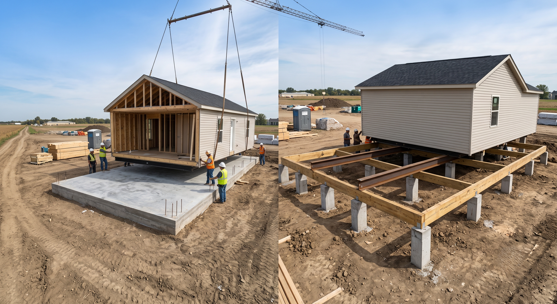 Construction site with two tiny houses, crane, and workers on dirt lot