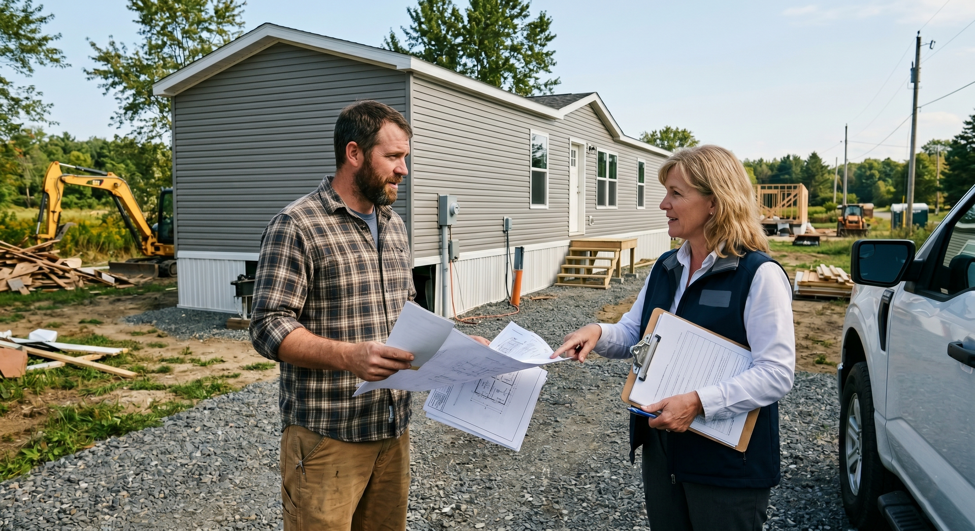 Two people reviewing blueprints beside a house under construction.