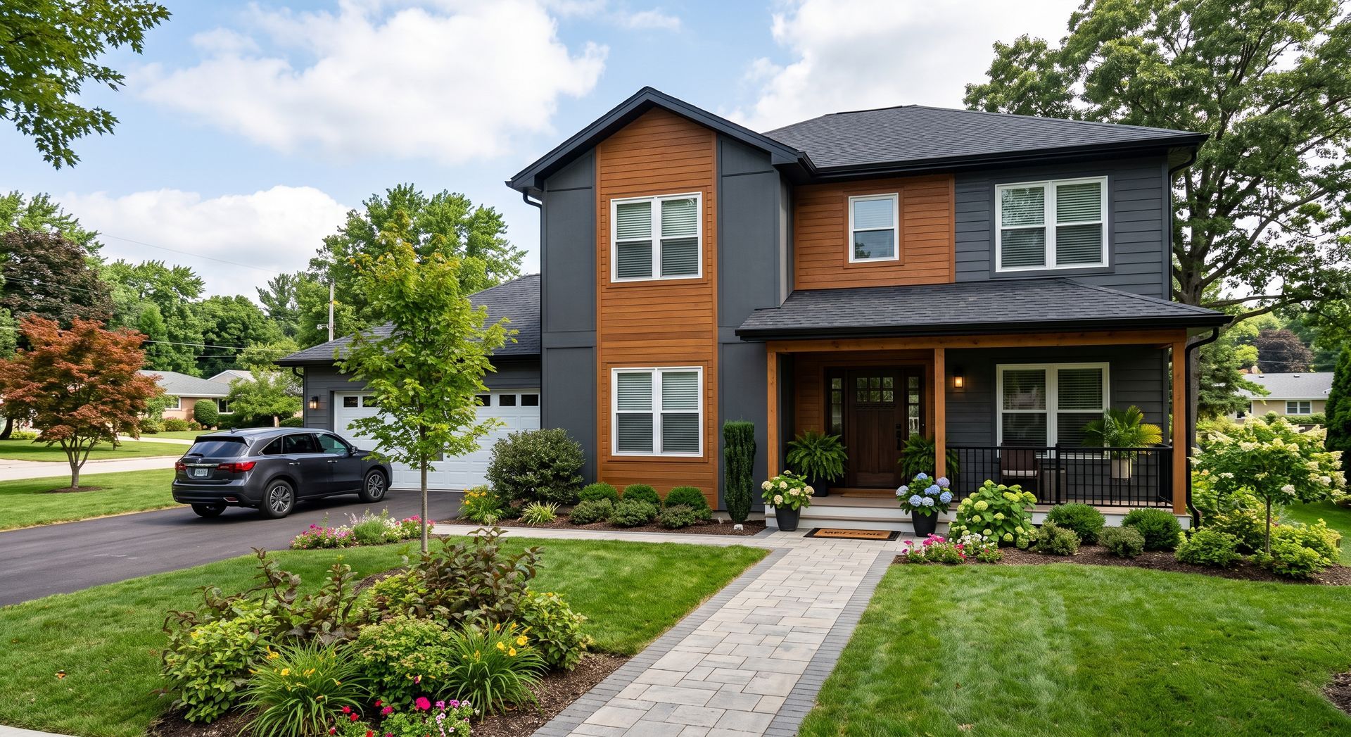 Two-story suburban house with a driveway, front porch, and landscaped yard on a sunny day