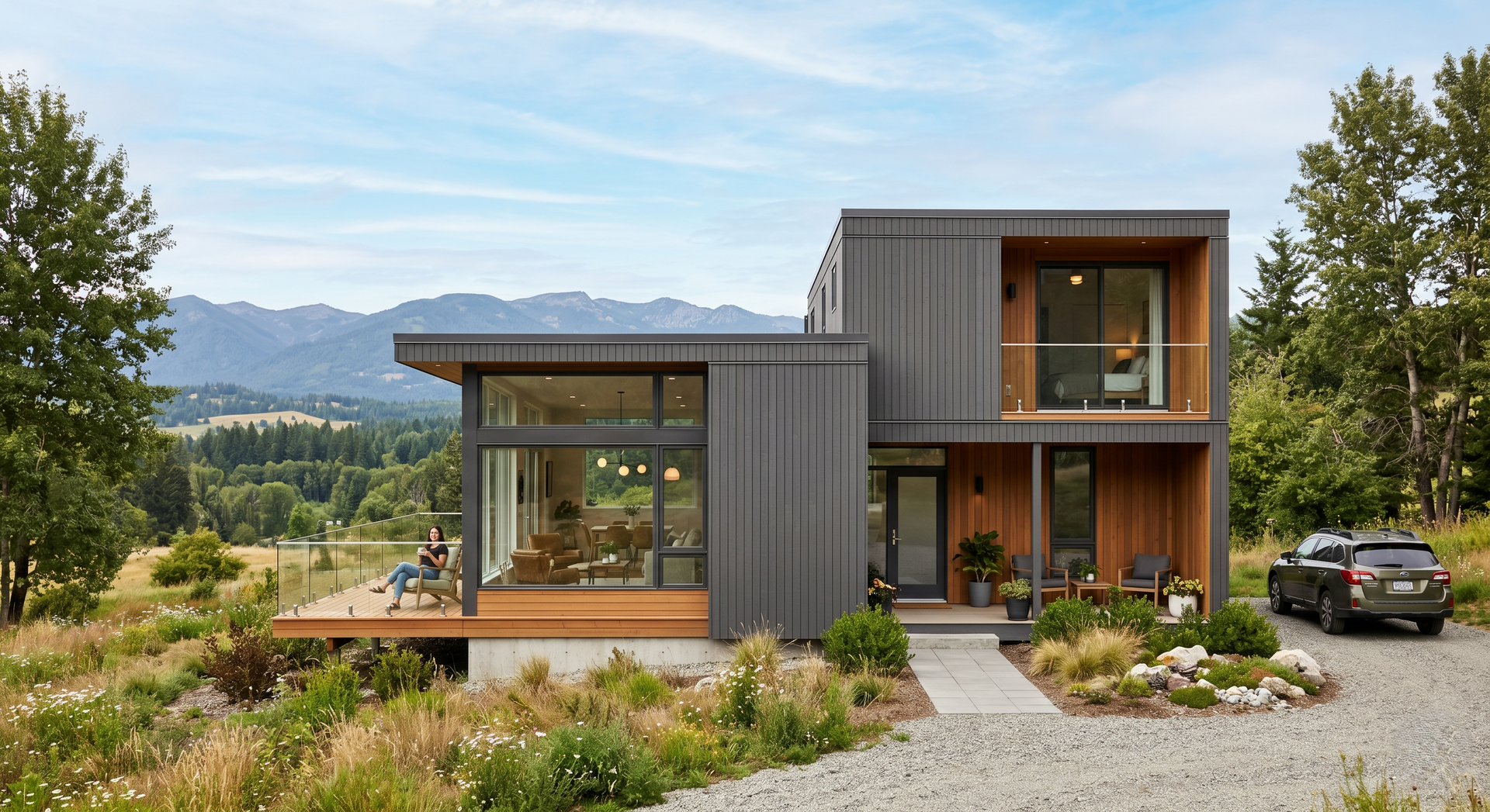 Modern two-story house with wood and metal exterior, mountain view, and parked car in a landscaped rural setting