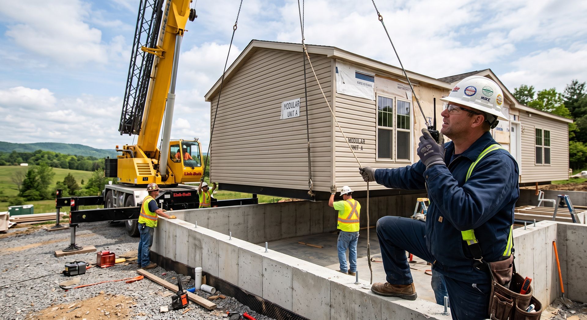 Construction workers guiding a crane to lift a small house onto a concrete foundation