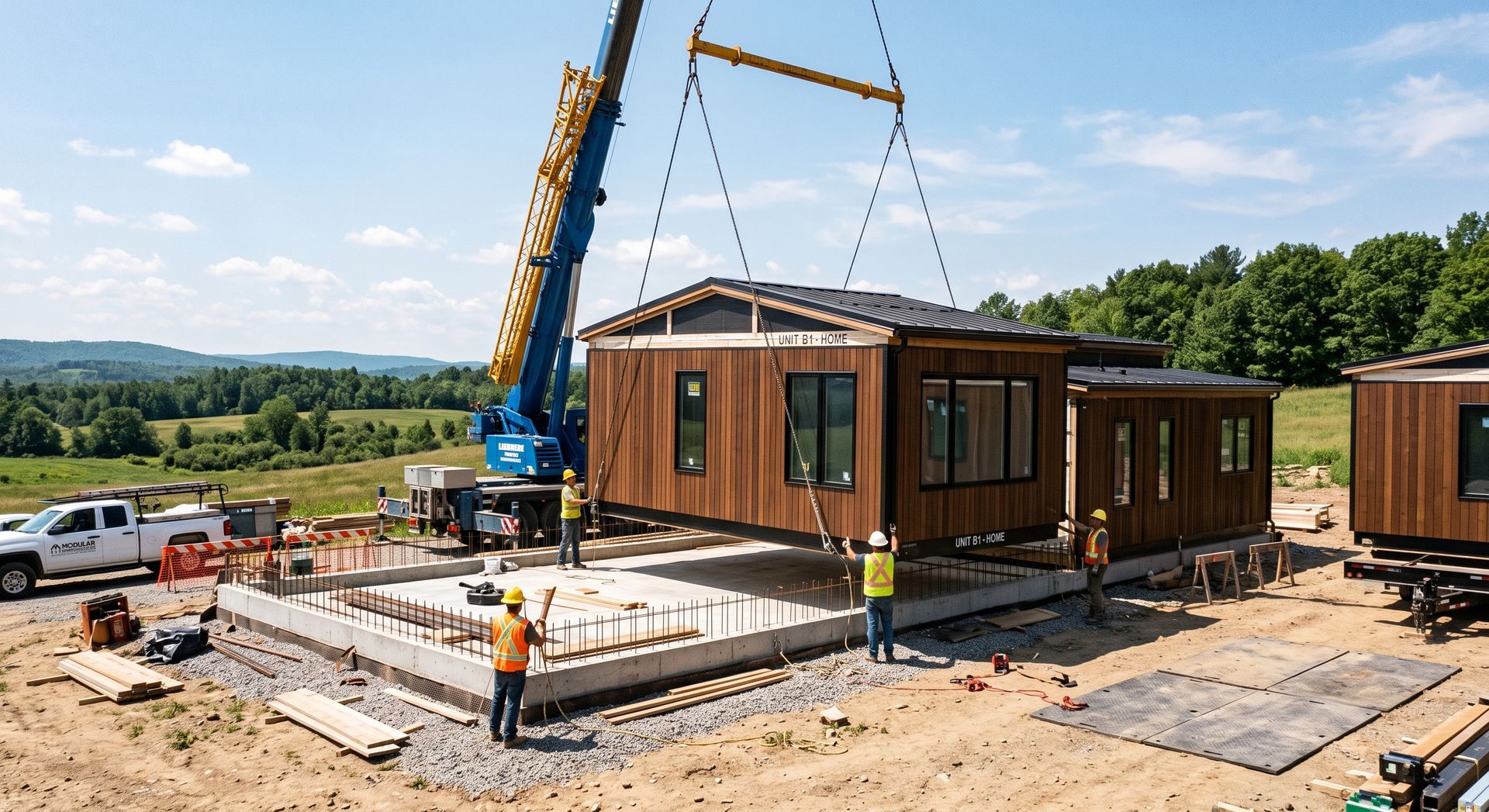 Crane lifts a modular brown house onto a foundation at a construction site.