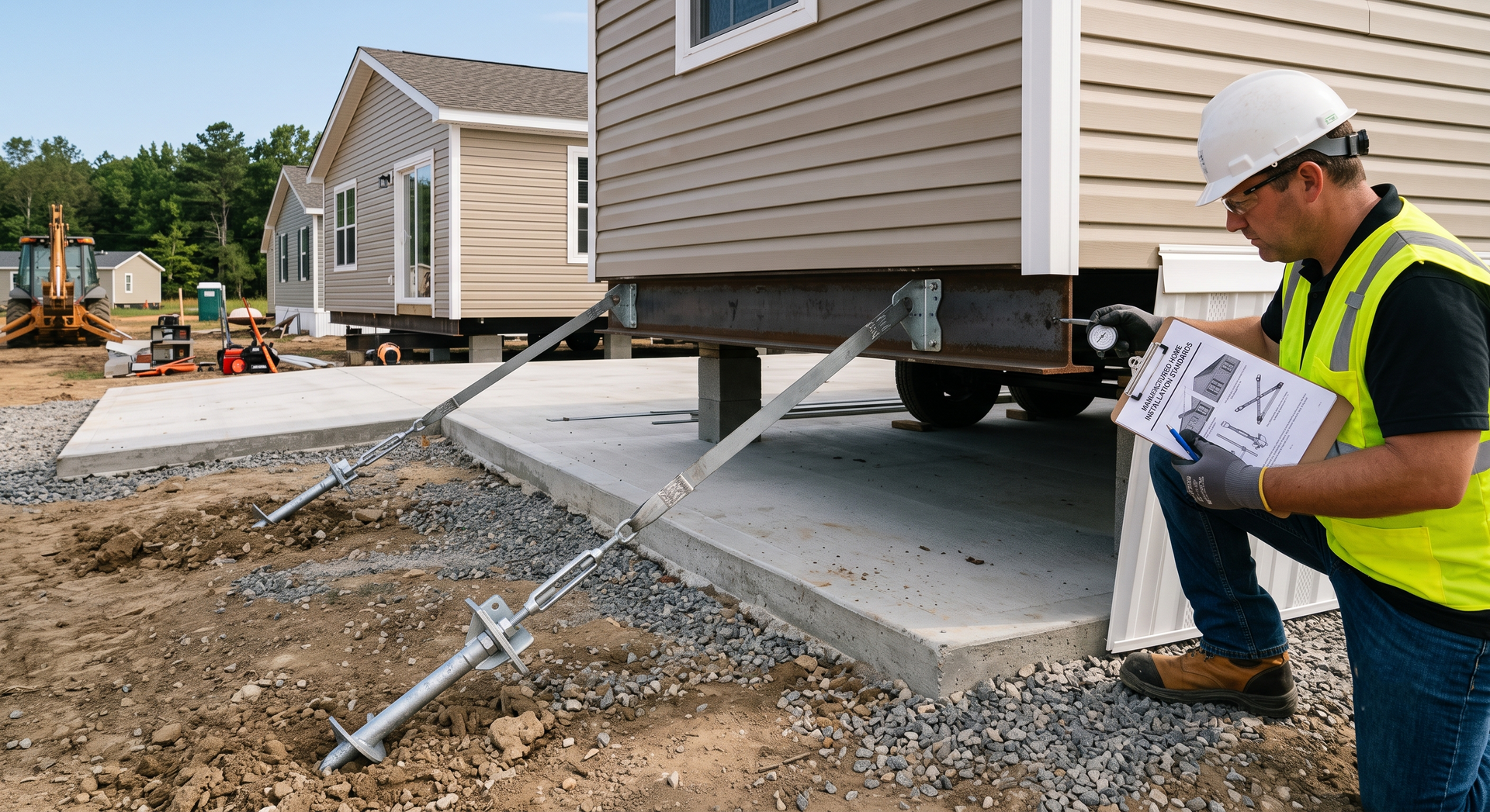 Construction worker inspecting a raised modular home on a foundation with support jacks.