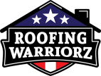 Roofing Warriors logo: American flag colors, house shape, text 
