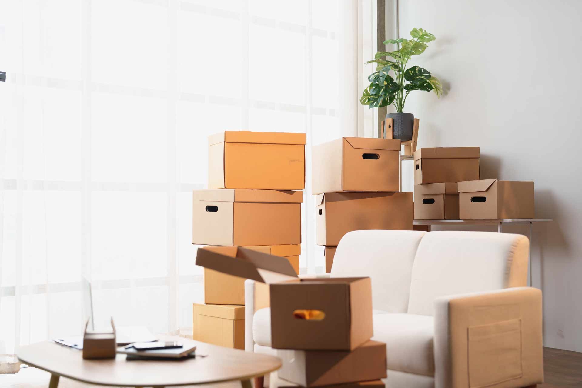 Stacks of moving boxes beside a white armchair in a bright living room