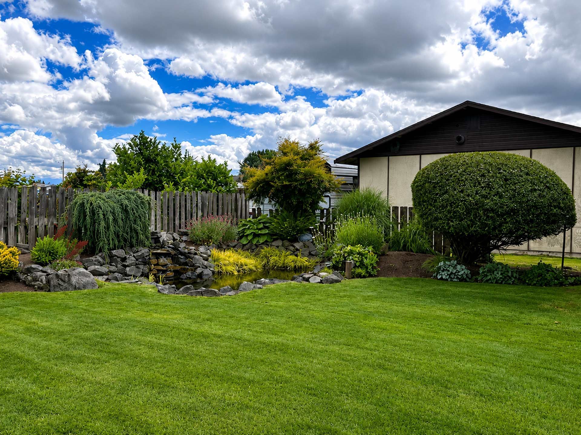 Suburban backyard with green lawn, flower beds, wooden fence, and a trimmed round shrub under cloudy sky