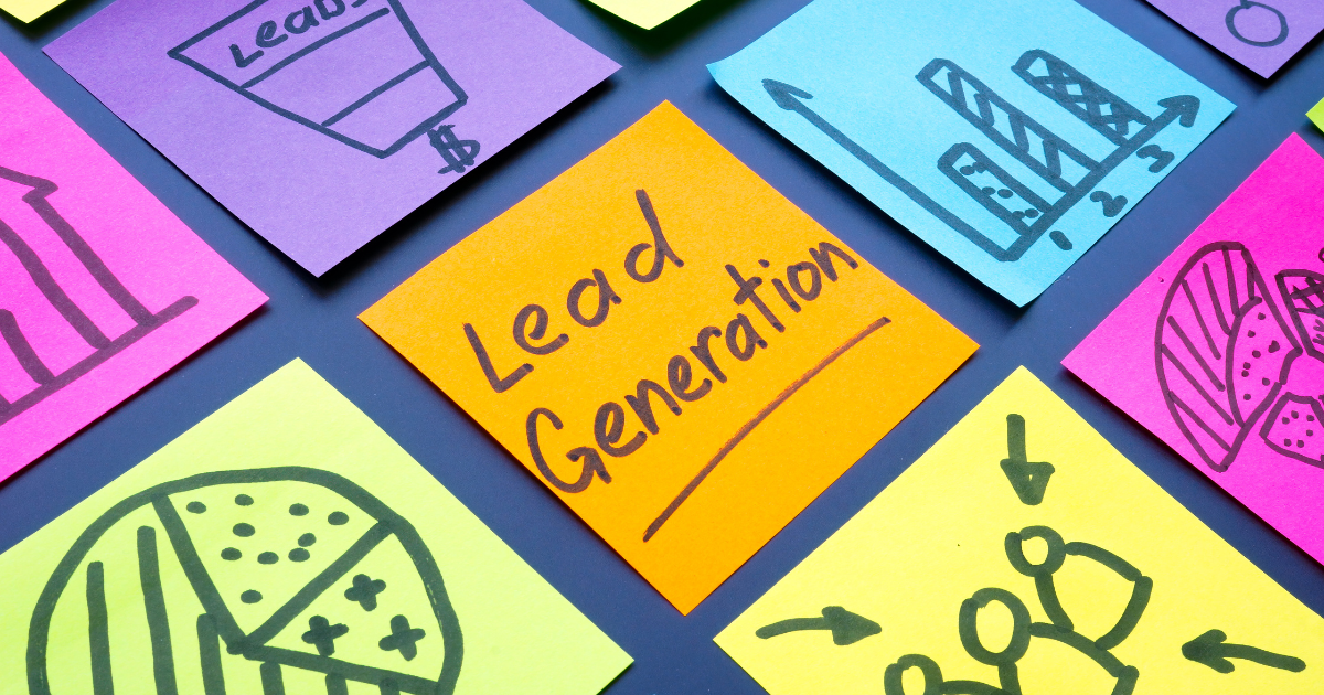 Colorful sticky notes with graphs and icons highlighting a reliable lead generation tool concept.