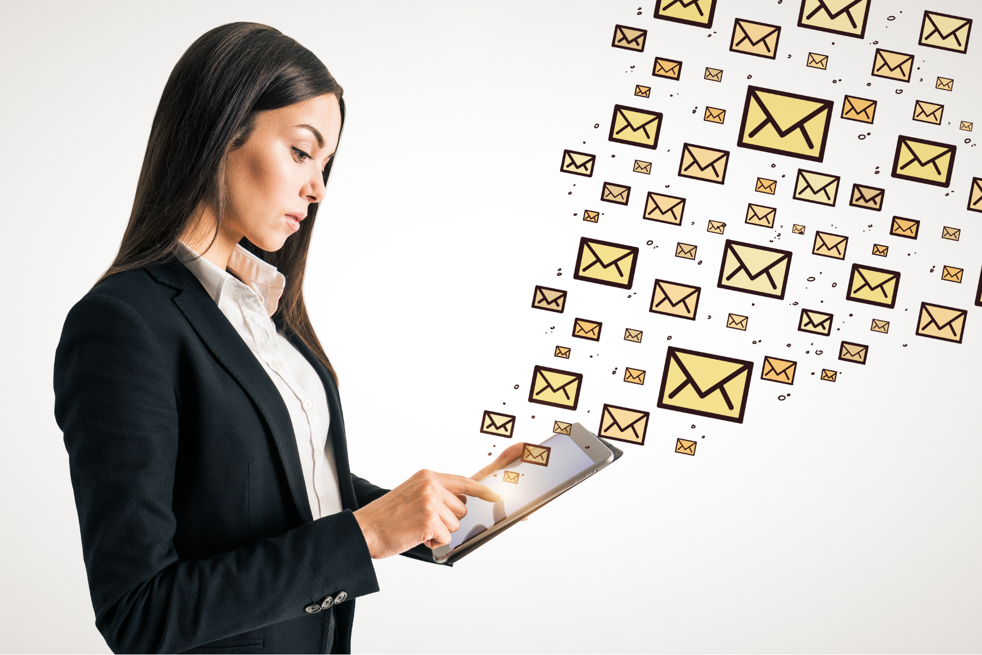 A businesswoman using a tablet, with illustrated emails flowing out, symbolizing automated email marketing and efficient message delivery.