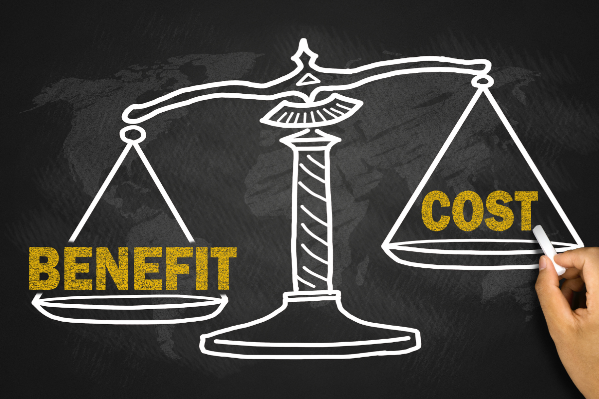 An image depicting a scale balancing the benefits against the costs, illustrating the advantages of email marketing for marketers, highlighting how the return on investment (ROI) of optimized campaigns outweighs the expenses, showcasing its effectiveness in driving results.