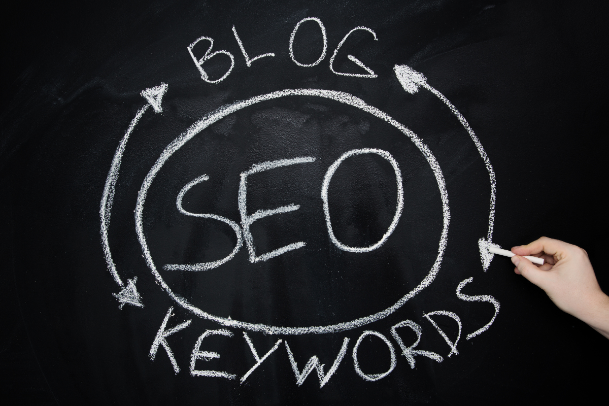 Words interconnected by arrows illustrating the relationship between blog writing and SEO.