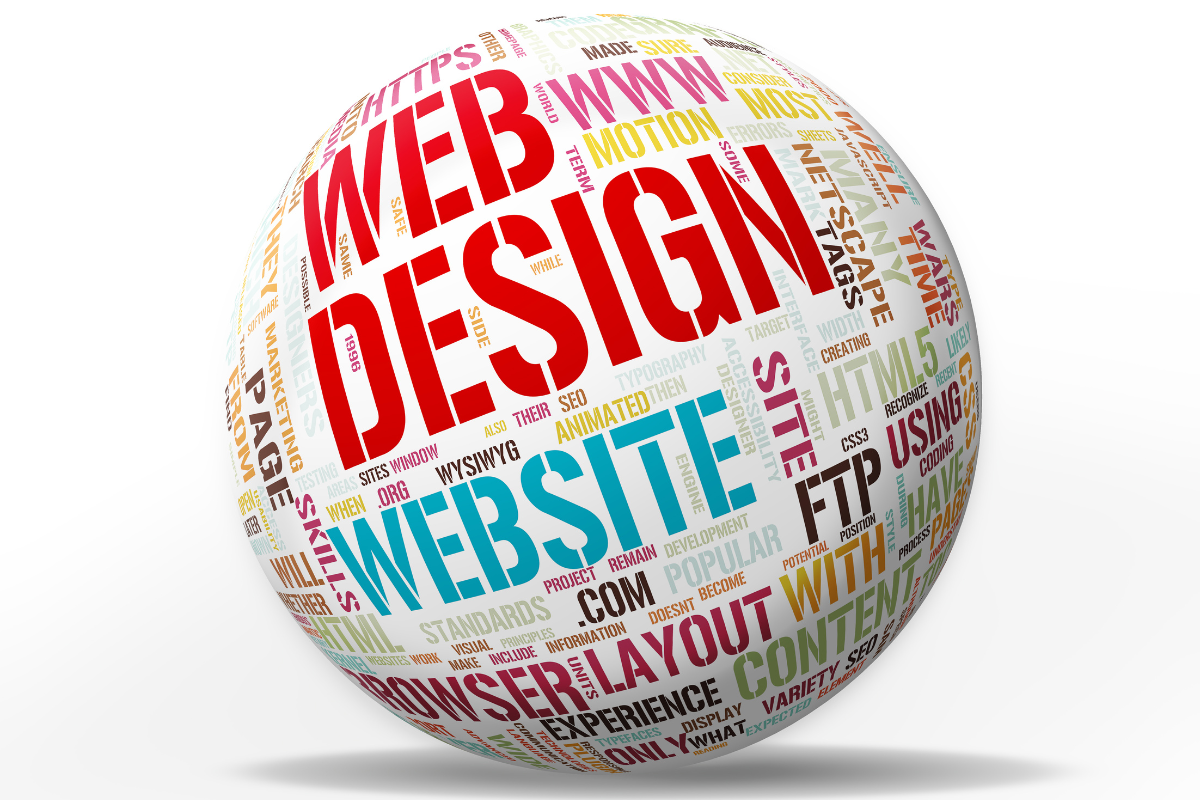 A 3D sphere composed of various colorful keywords related to web design and development, showcasing the interconnected aspects of building a successful website, from user experience and responsive design to SEO, content, and coding.