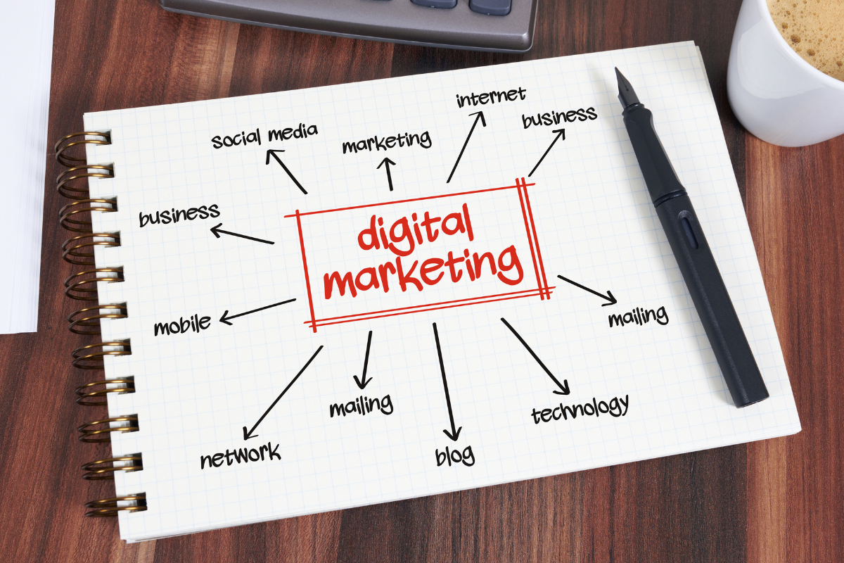 A notebook with a pen resting on a table, showcasing illustrations of digital marketing and its various branches, highlighting strategies focused on growth marketing.