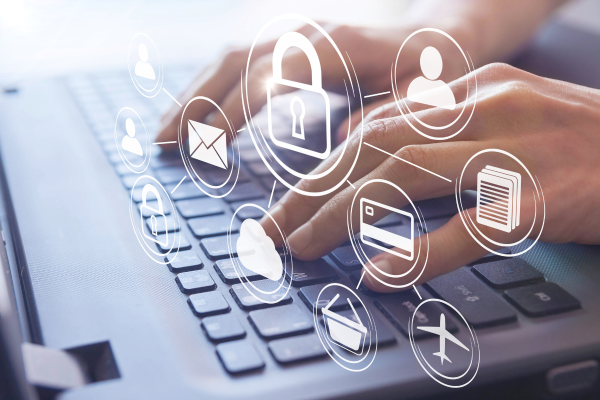 A hand typing on a keyboard with a diagram showing security aspects in web development, highlighting how robust security measures enhance user trust and effective web development management.