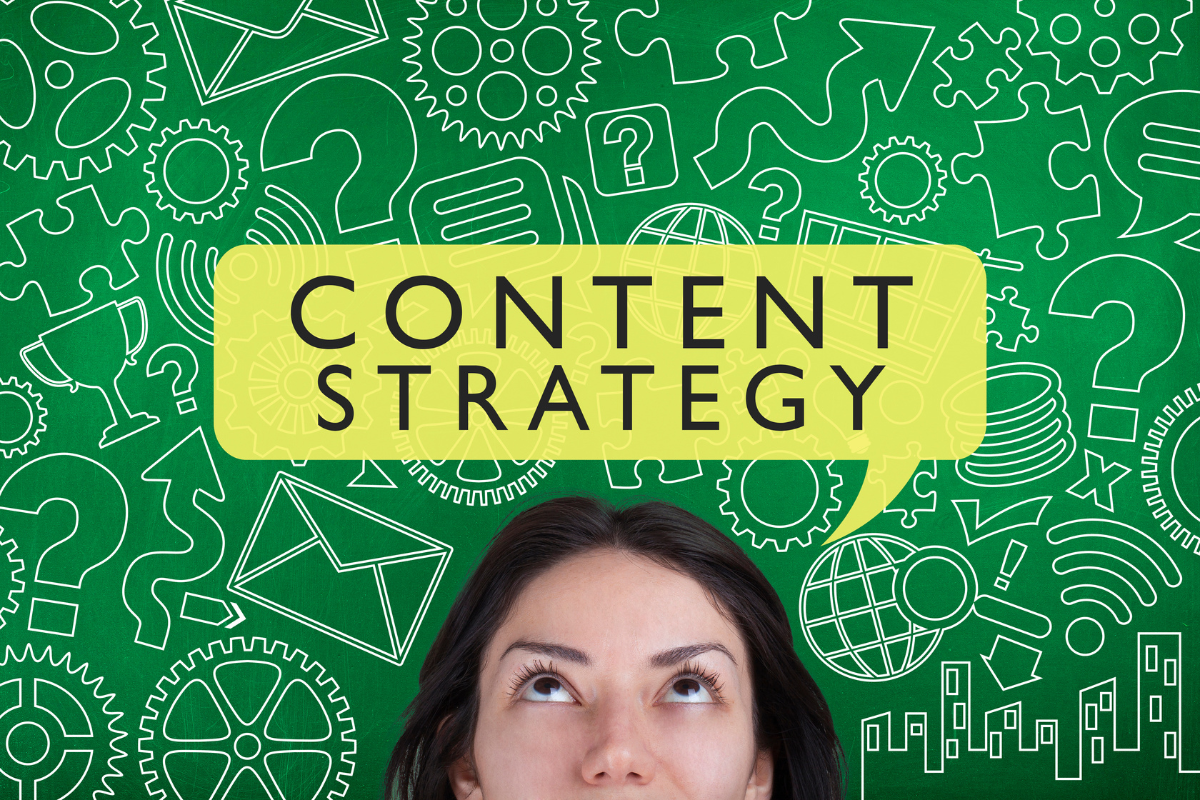 A woman looking up at a speech bubble with the words 'Content Strategy,' symbolizing what marketers rarely talk about.