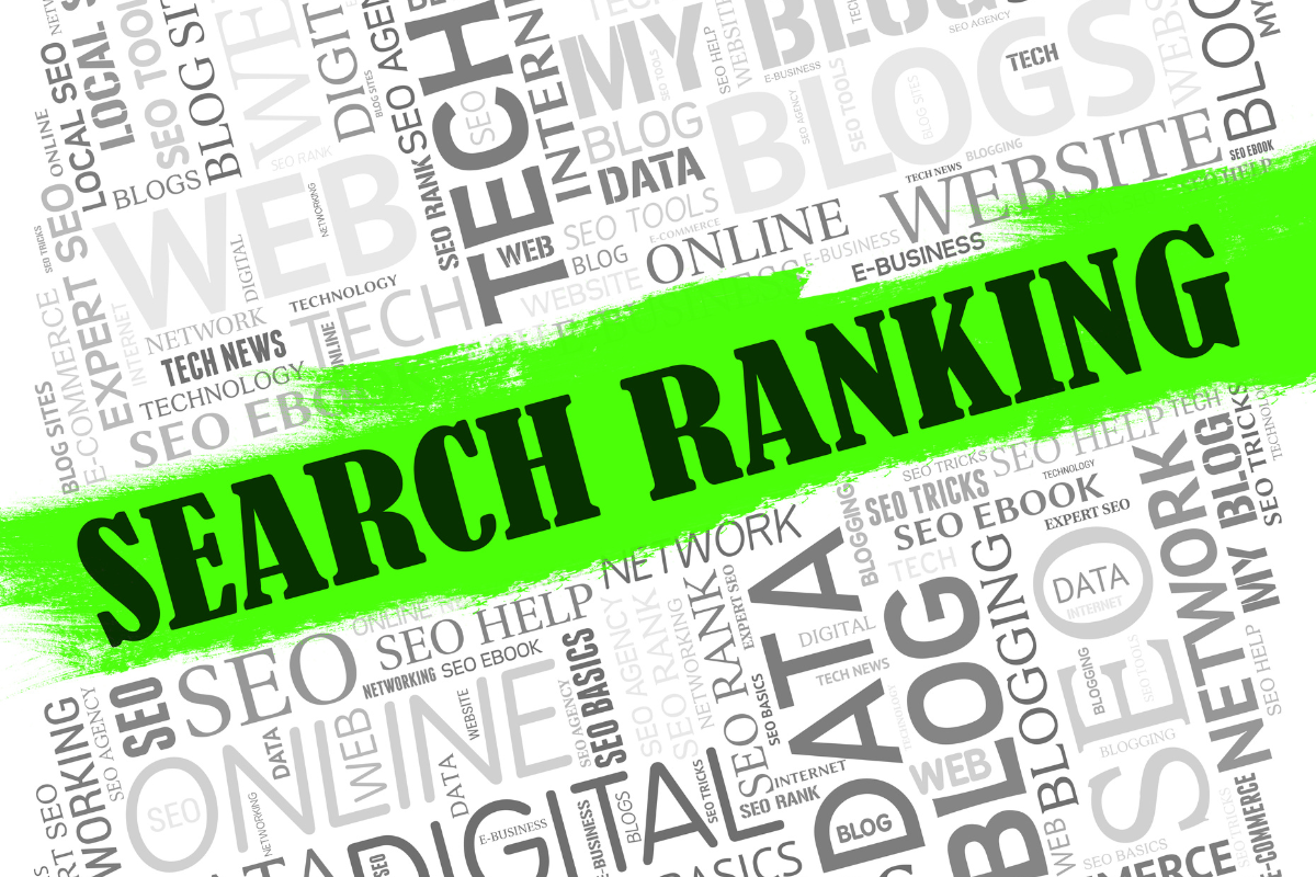 An illustration of the term 'Search Ranking' surrounded by its key elements, such as blogs, local SEO, keywords, and online reviews, showcasing the critical factors involved in monitoring and improving local search rankings effectively for better visibility and engagement.