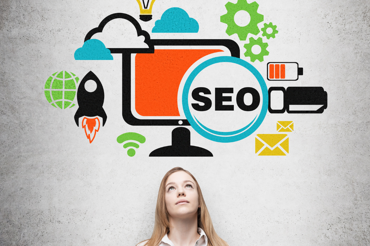 A woman looks up at colorful SEO-related icons, including a computer, gear, rocket, cloud, and email, symbolizing digital strategy.