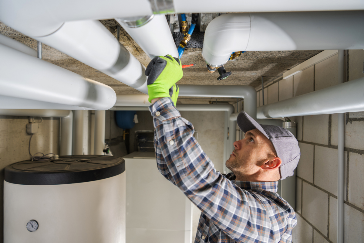 Plumber wearing gloves and a cap fixes pipes in a utility room with a water heater and brick walls.