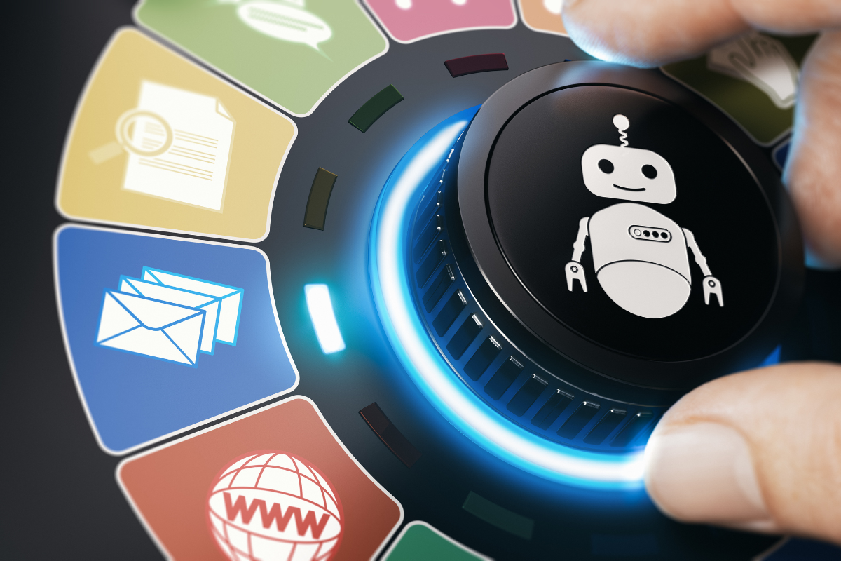 Hand turning a robotic-themed control knob with icons, representing seamless SEO trends driven by AI and automation.
