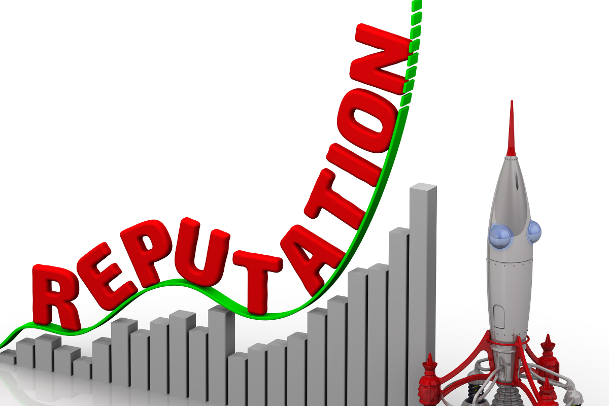 A rocket positioned above bar analytics with the word 'Reputation' going up, illustrating the connection between SEO and reputation management.